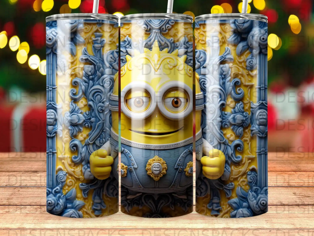 Minion character wearing armor on a blue and yellow patterned tumbler.