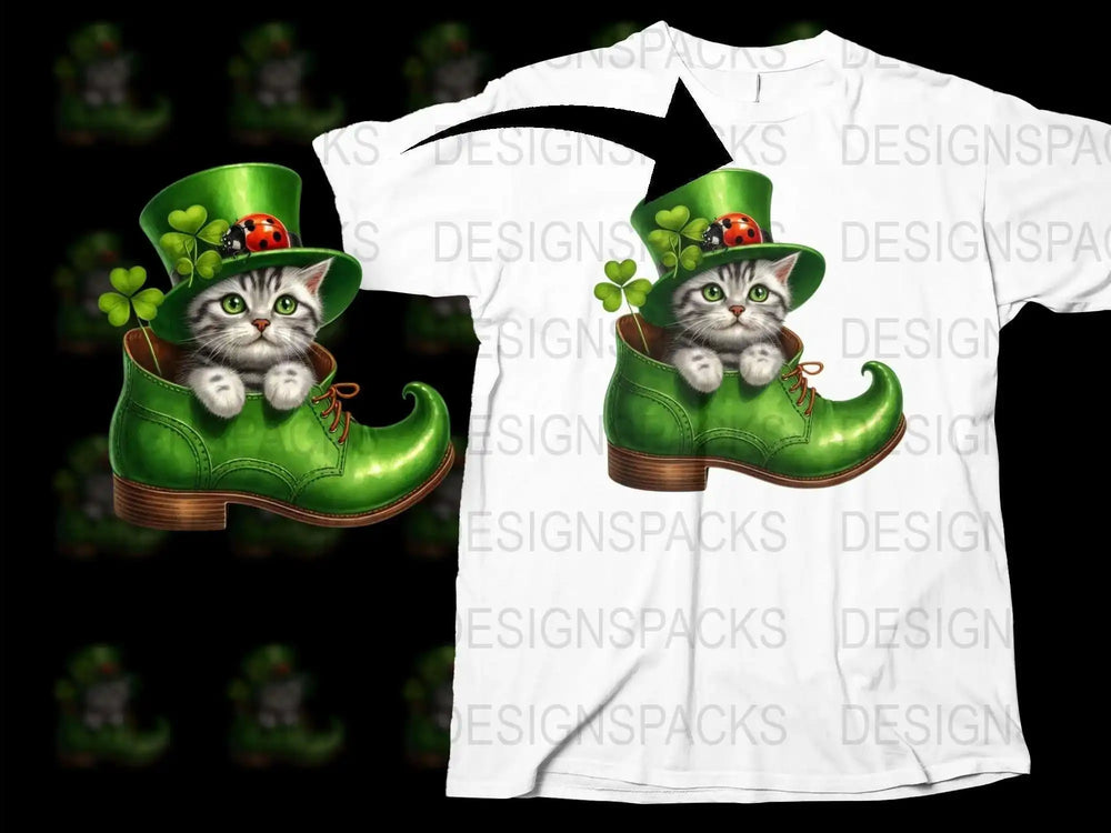 St. Patrick's Day T-Shirt, Lucky Cat in Green Shoe, Cute Kitty Graphic Tee, Irish Festival Clothing