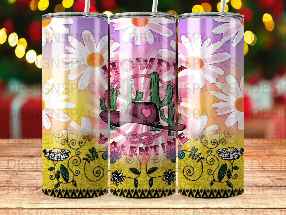 Cowboy hat and cactus with "Howdy Valentine" text on a patterned tumbler.