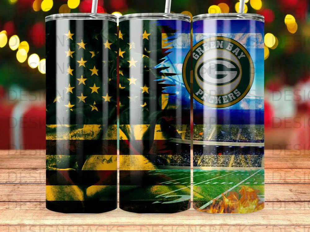 Green Bay Packers flag tumbler with team logo and stadium background.