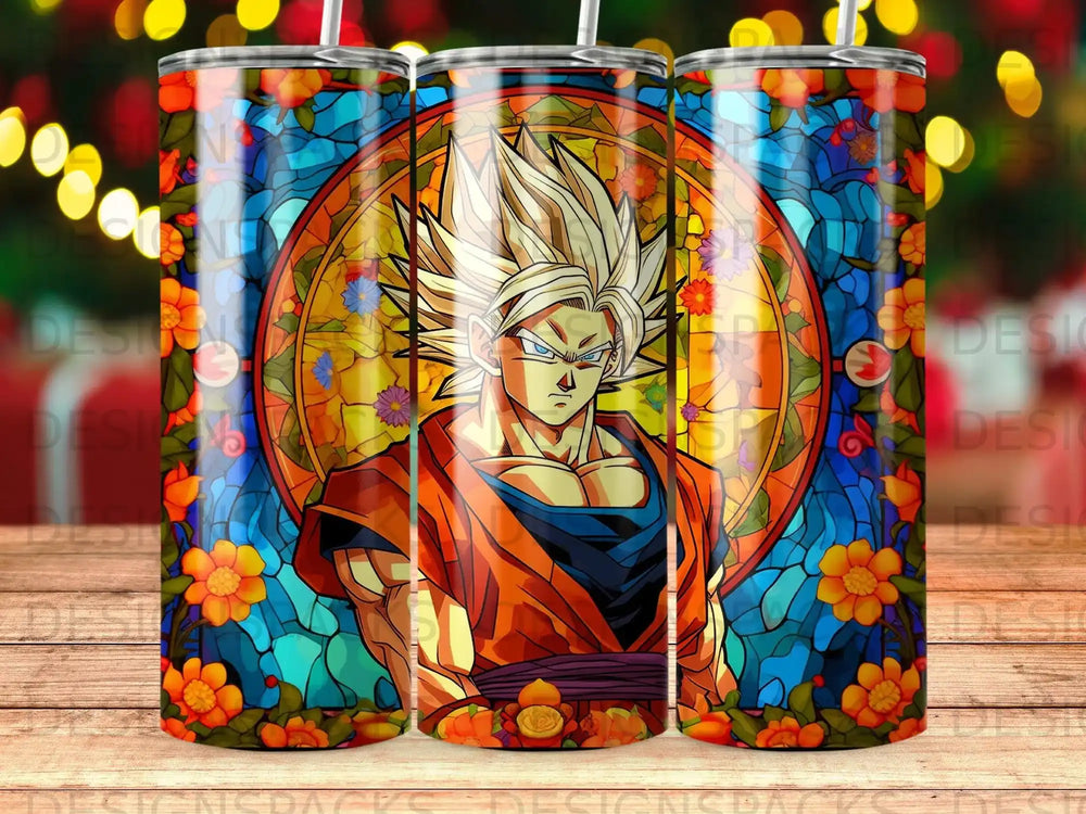 Goku from Dragon Ball Z in stained glass style on a tumbler with floral accents.