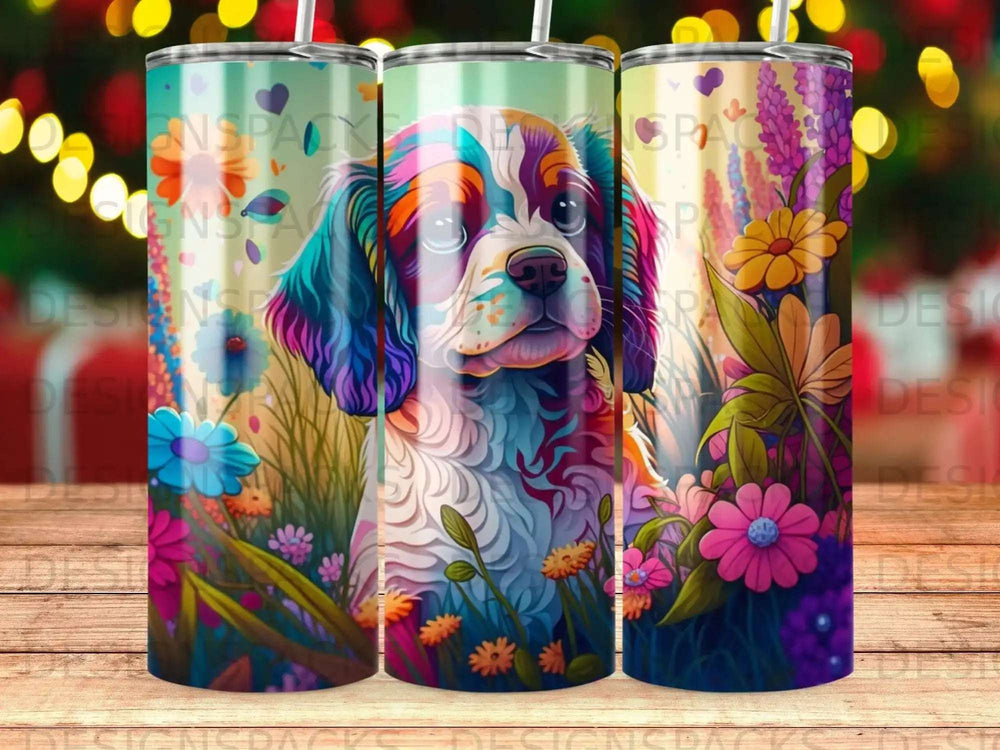 Colorful dog with floral background on a tumbler.