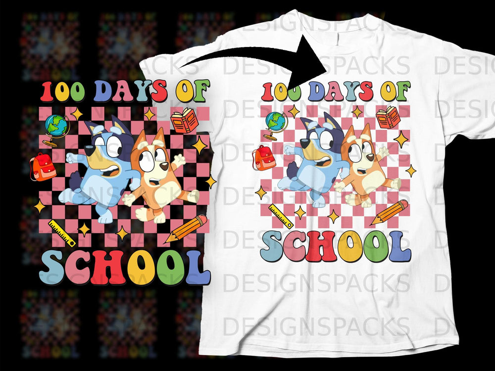 Bluey characters celebrate "100 Days of School" with books, globes, and backpacks.
