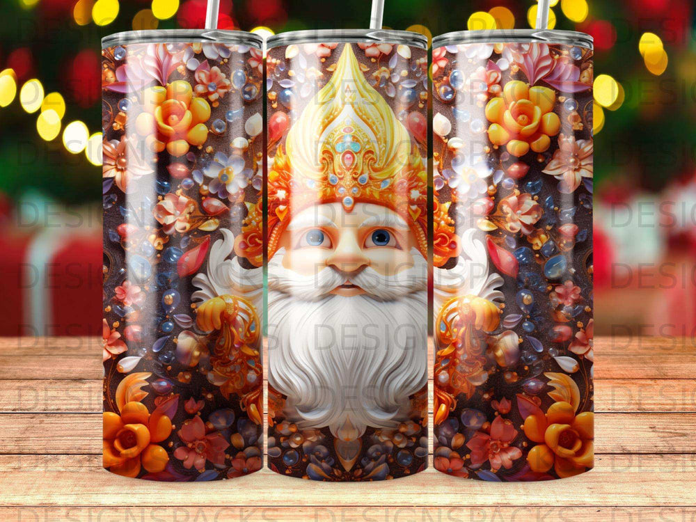 Close-up of Santa Claus's face with floral and ornate designs.