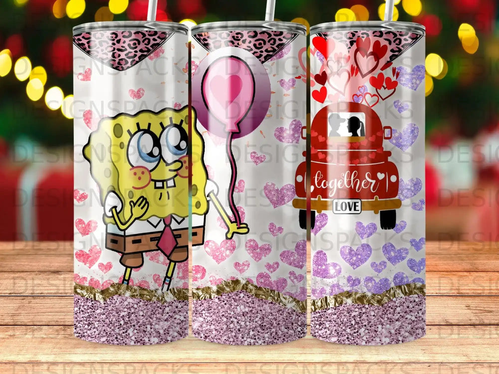 SpongeBob SquarePants holding a pink balloon with hearts and "Together" text.