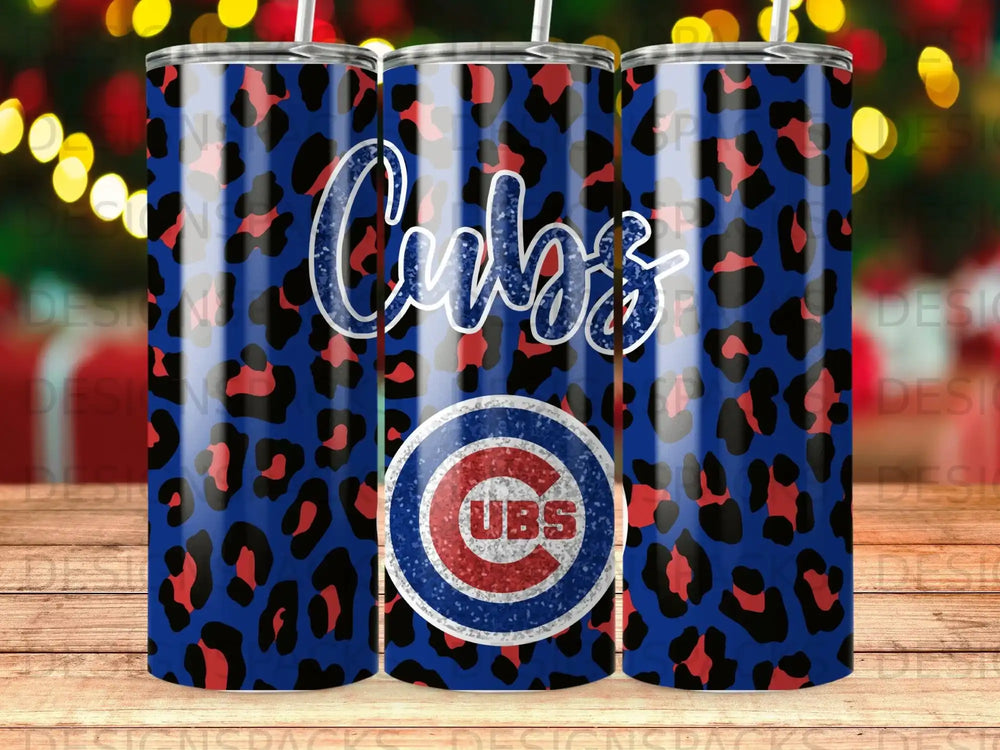 Blue tumbler with Cubs logo and leopard print.