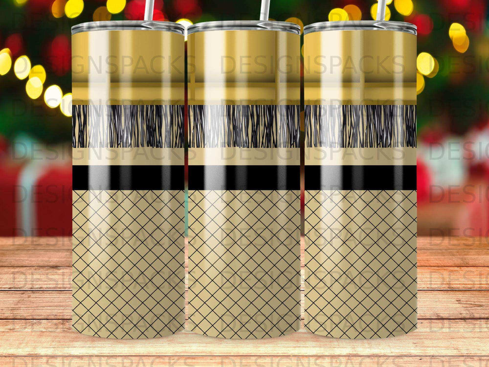 Three tall, skinny tumblers with a gold diamond grid and black and gold striped pattern.