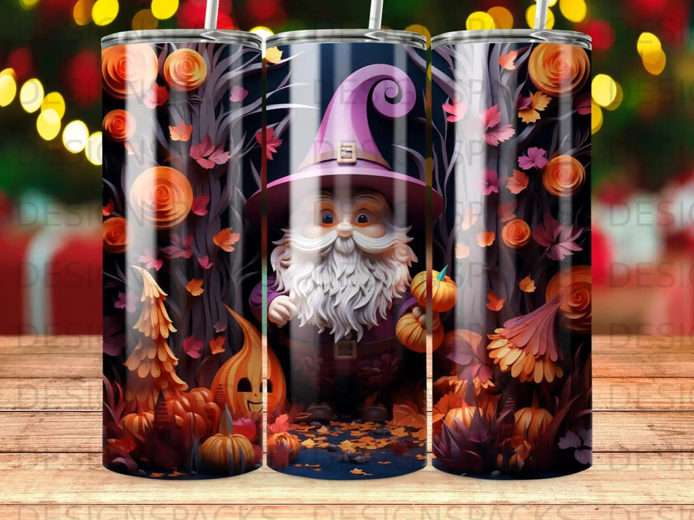 Santa Claus in a purple hat among pumpkins and autumn leaves.