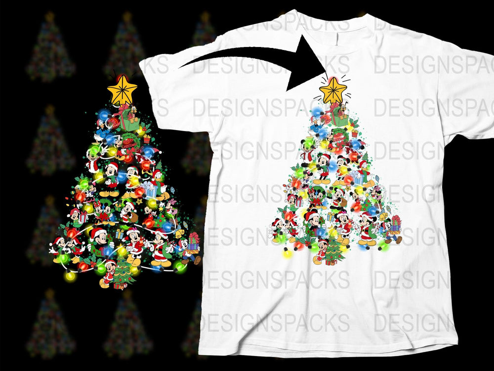 Colorful Christmas Tree T-Shirt with Cartoon Characters, Festive Holiday Apparel for All Ages