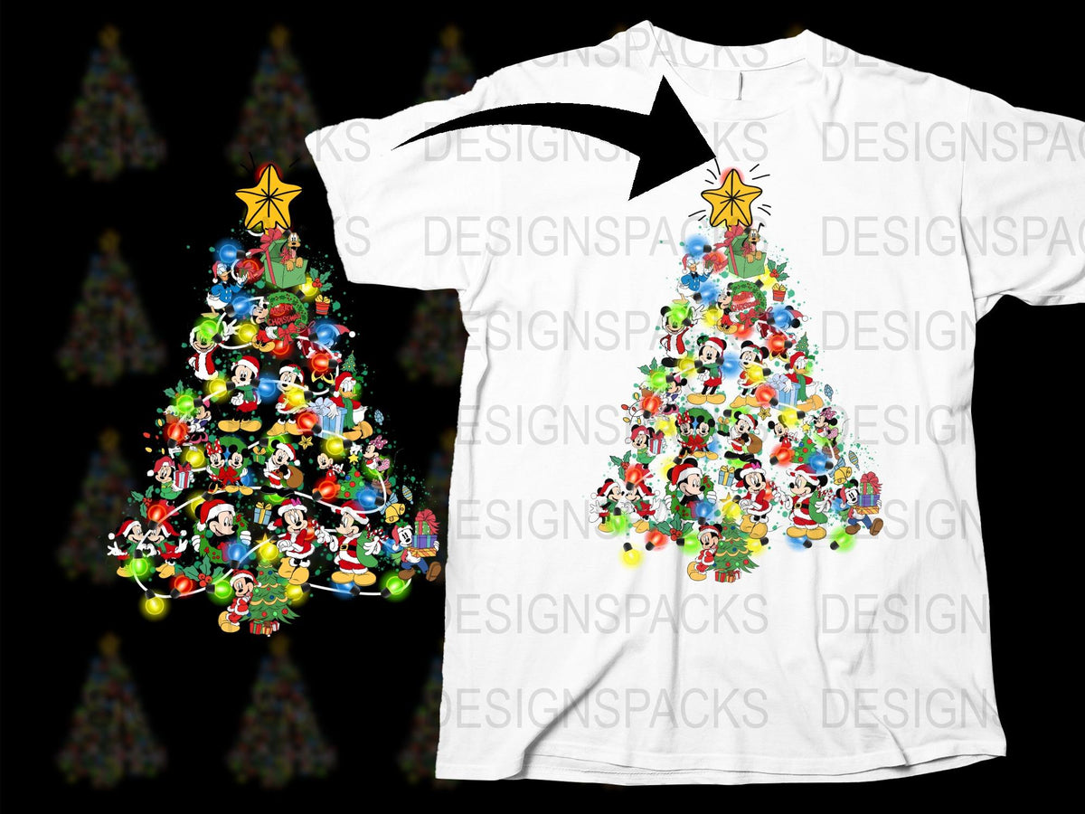 Colorful Christmas Tree T-Shirt with Cartoon Characters, Festive Holiday Apparel for All Ages