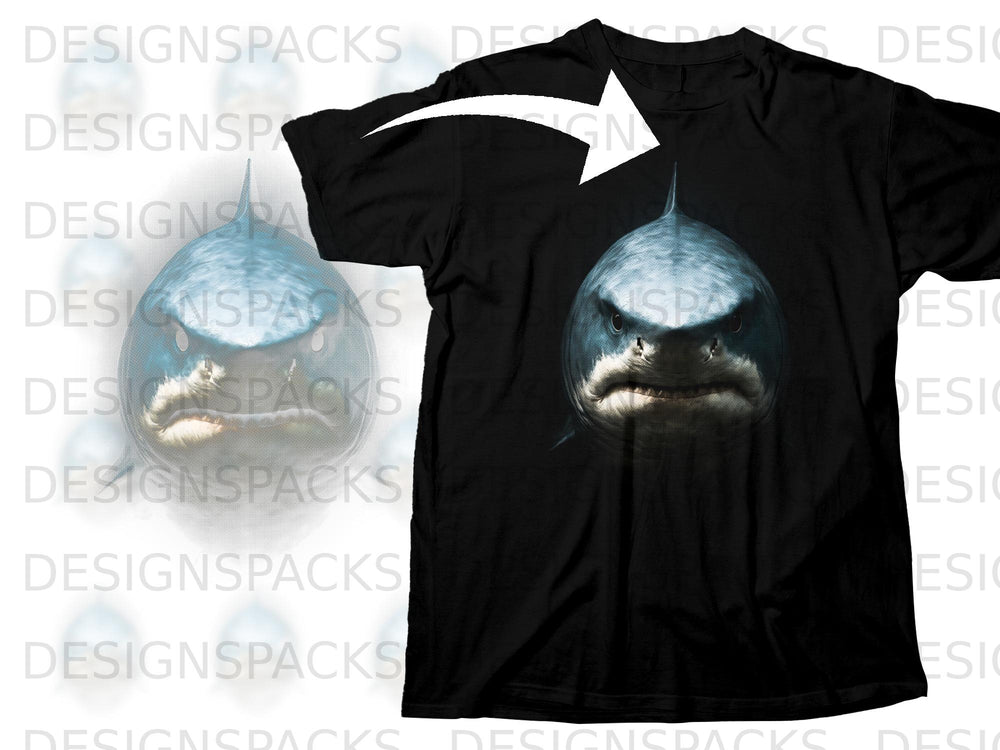 Black t-shirt with a close-up graphic of a fierce shark's head.
