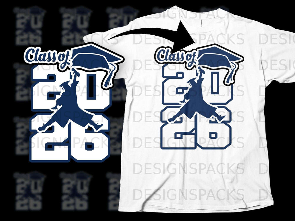 Class of 2026 graduation graphic with navy blue elements on a white t-shirt.