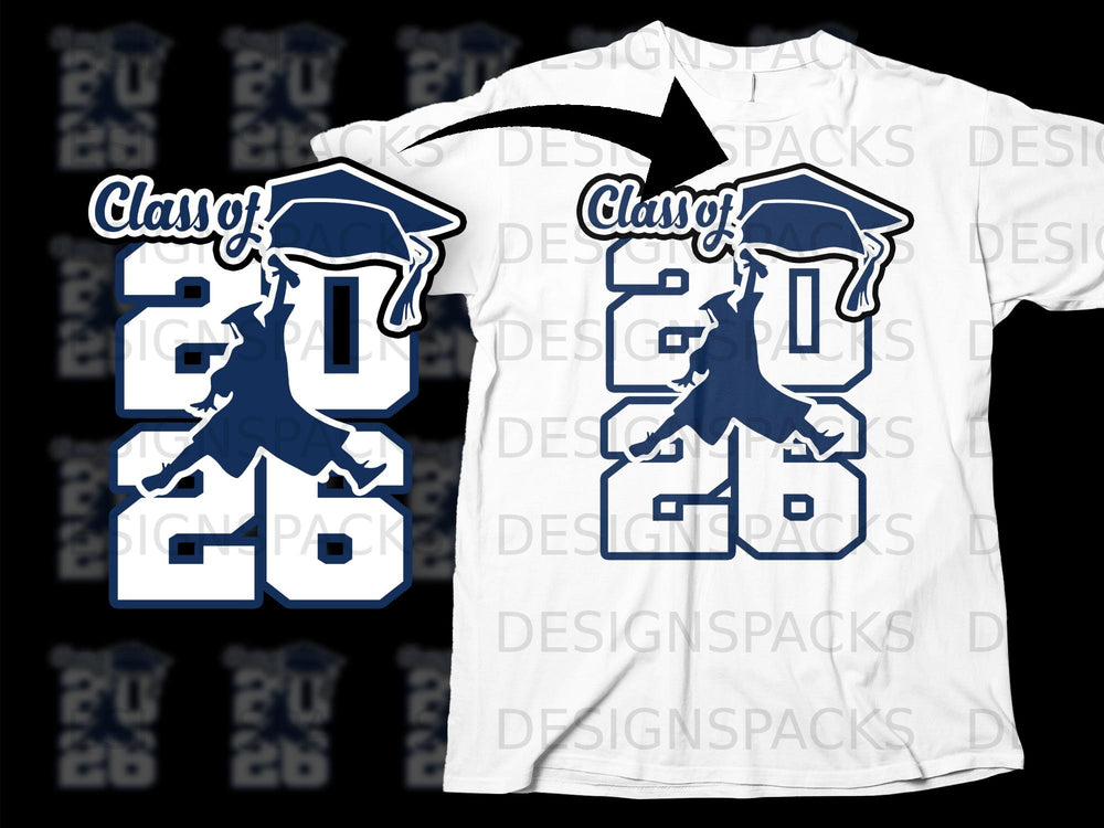Class of 2026 graduation graphic with navy blue elements on a white t-shirt.