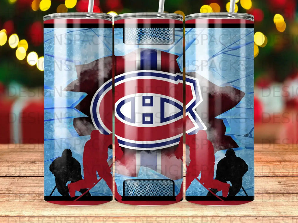 Montreal Canadiens logo with hockey players and net on a blue ice background.
