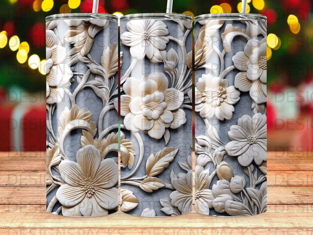 Floral embossed tumbler with a textured background and bokeh lights.
