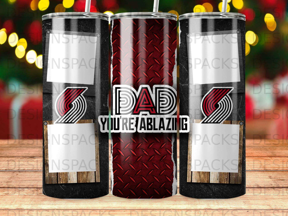 Tumbler with "DAD YOU'RE ABLAZING" text and diamond plate pattern.