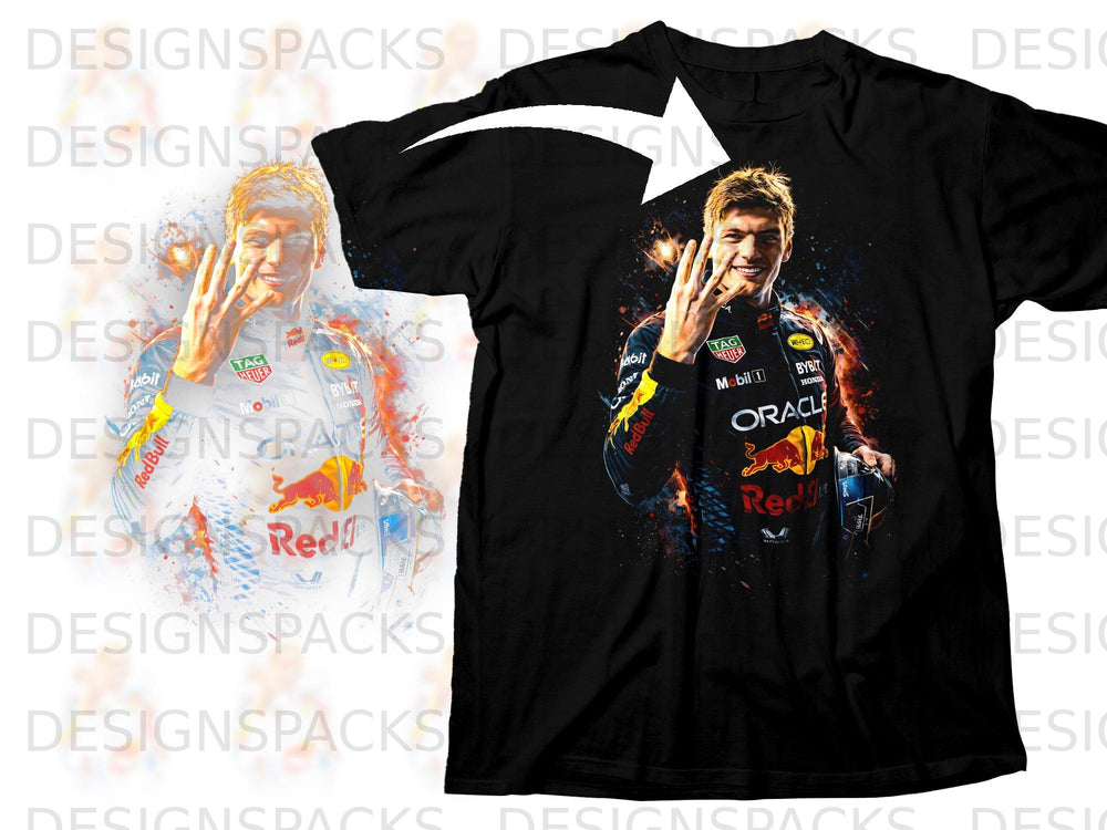 Black t-shirt featuring Max Verstappen holding up four fingers, with logos.