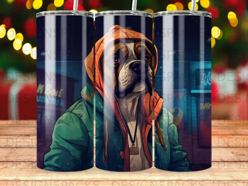 Boxer dog wearing hoodie and necklace, cartoon style, three tumblers in background.