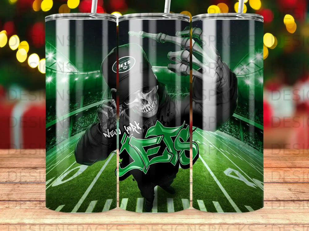 Skeleton in New York Jets hoodie with "Jets" logo on football field.