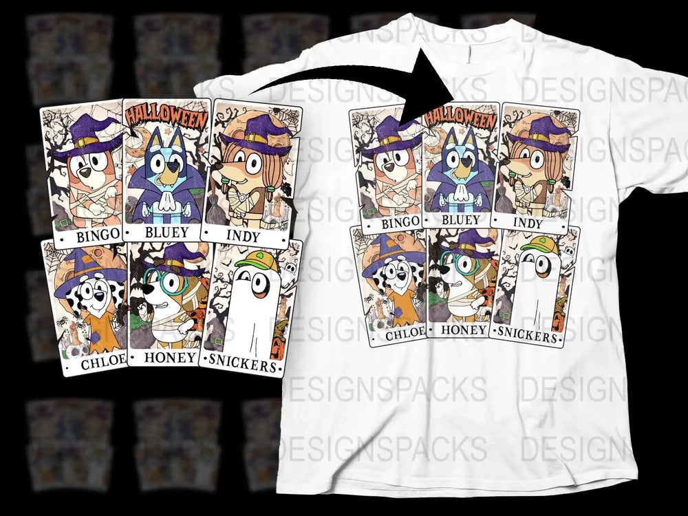 Halloween Cartoon Dog T-Shirt, Cute Bingo and Bluey Graphic Tee, Kids and Adults Casual Wear