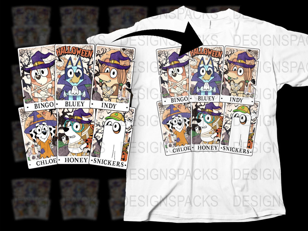 Halloween Cartoon Dog T-Shirt, Cute Bingo and Bluey Graphic Tee, Kids and Adults Casual Wear