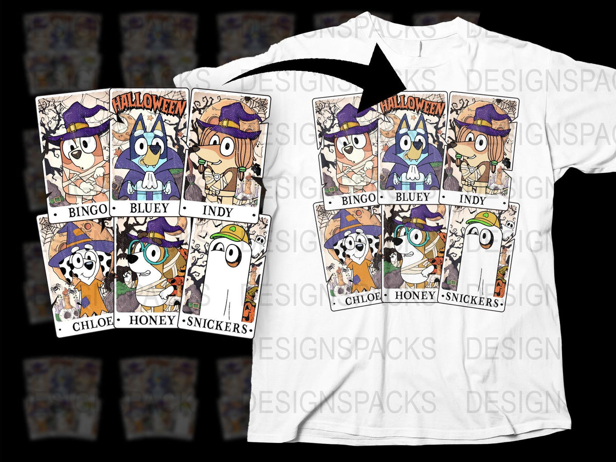 Halloween Cartoon Dog T-Shirt, Cute Bingo and Bluey Graphic Tee, Kids and Adults Casual Wear