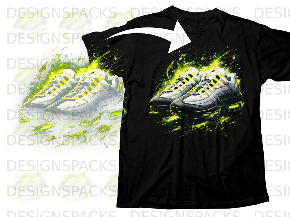 Black t-shirt with a graphic of athletic shoes amidst yellow and green splatter.