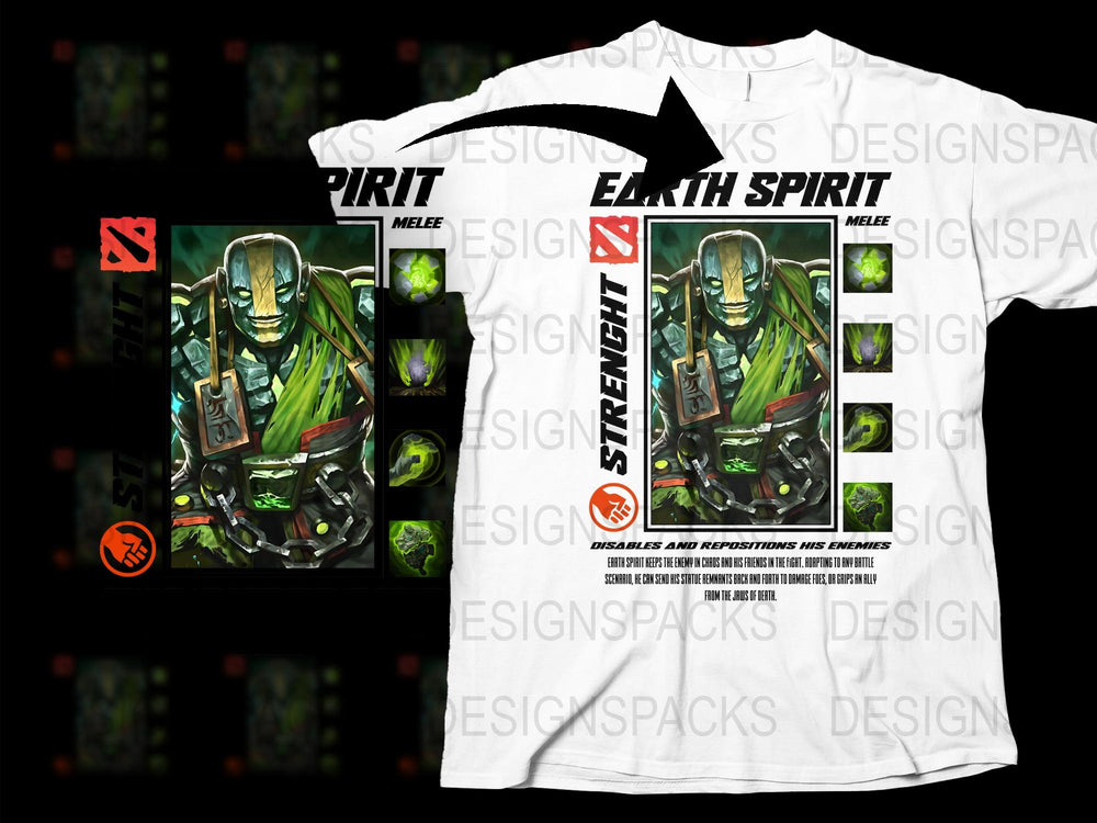 Earth Spirit Graphic T-Shirt, Dota-Inspired Gaming Tee, Cool Hero Design, Men's White Shirt
