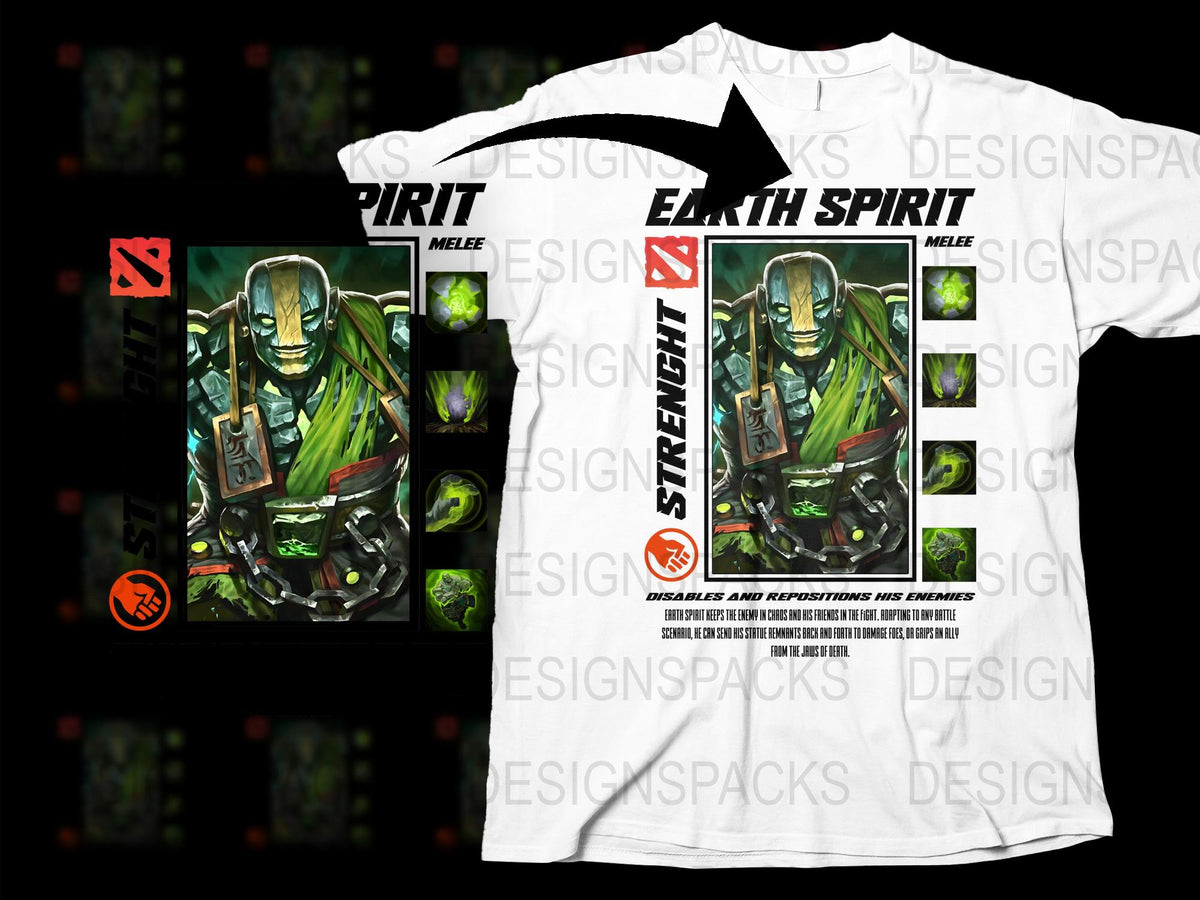 Earth Spirit Graphic T-Shirt, Dota-Inspired Gaming Tee, Cool Hero Design, Men's White Shirt