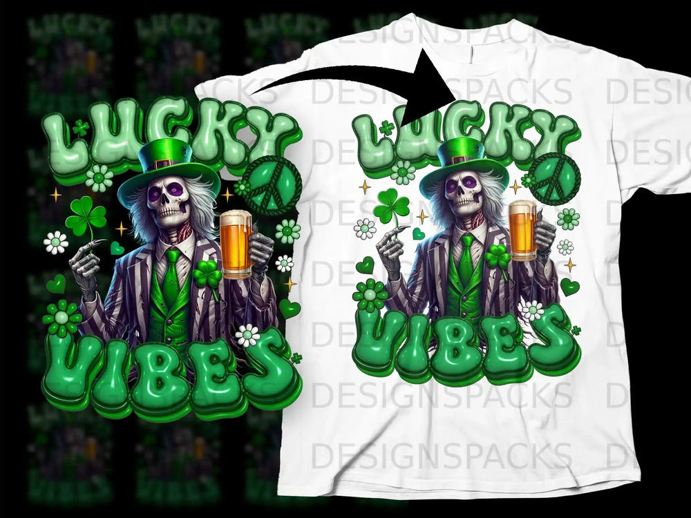 Lucky Vibes Skeleton Shamrock Beer Green St Patricks product type