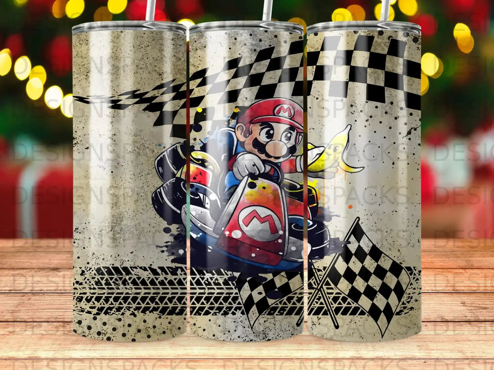 Mario Kart racing cup with checkered flags and tire tracks design.