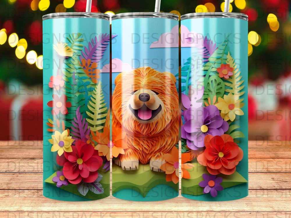 Chow chow dog with colorful flowers and green leaves on a teal tumbler.