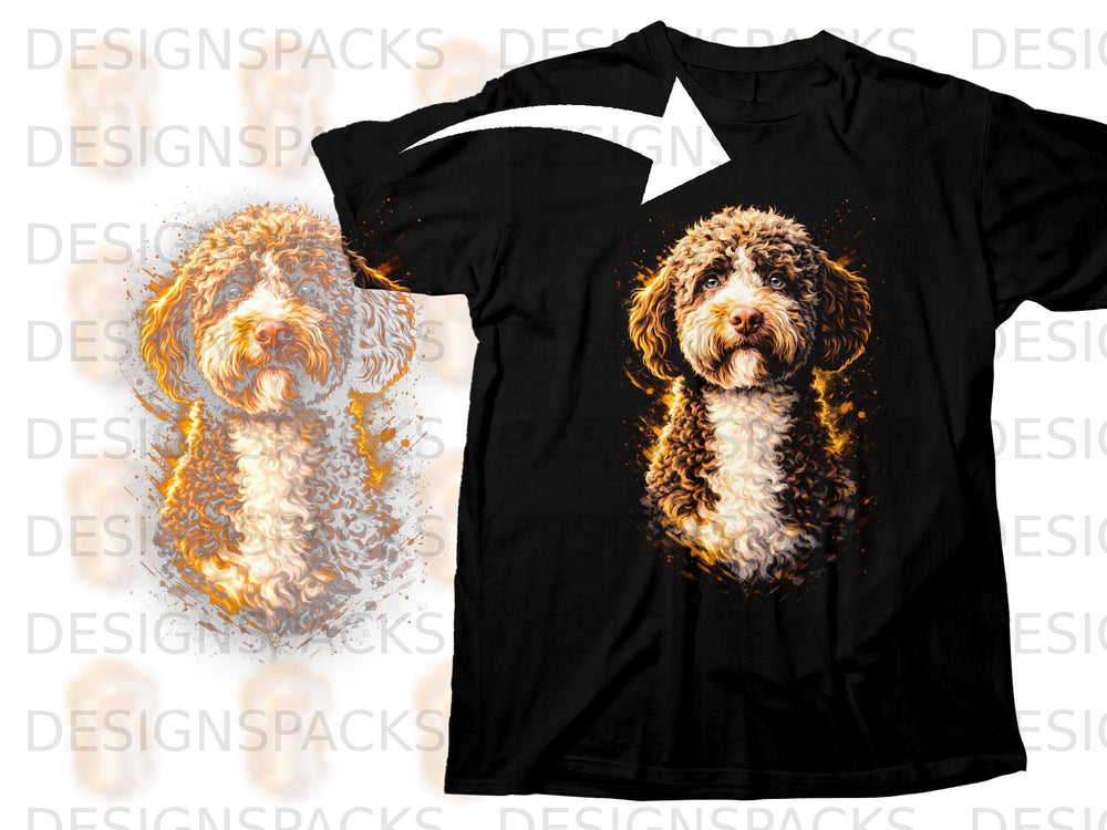 Black t-shirt with an artistic portrait of a shaggy brown and white dog.