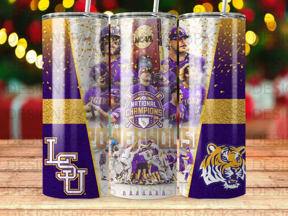 LSU Tigers 2023 NCAA Baseball National Champions tumbler with confetti.