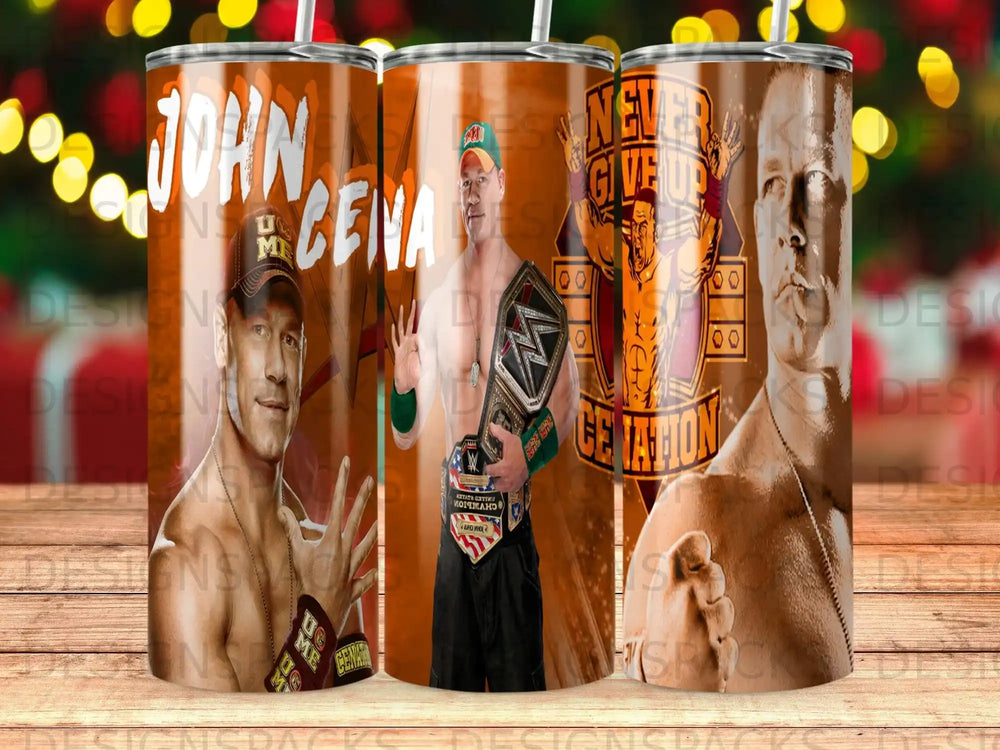 John Cena wrestler on tumbler with "Never Give Up" text.
