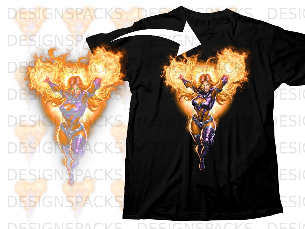 Black t-shirt with Starfire comic book art featuring fire and energy blasts.