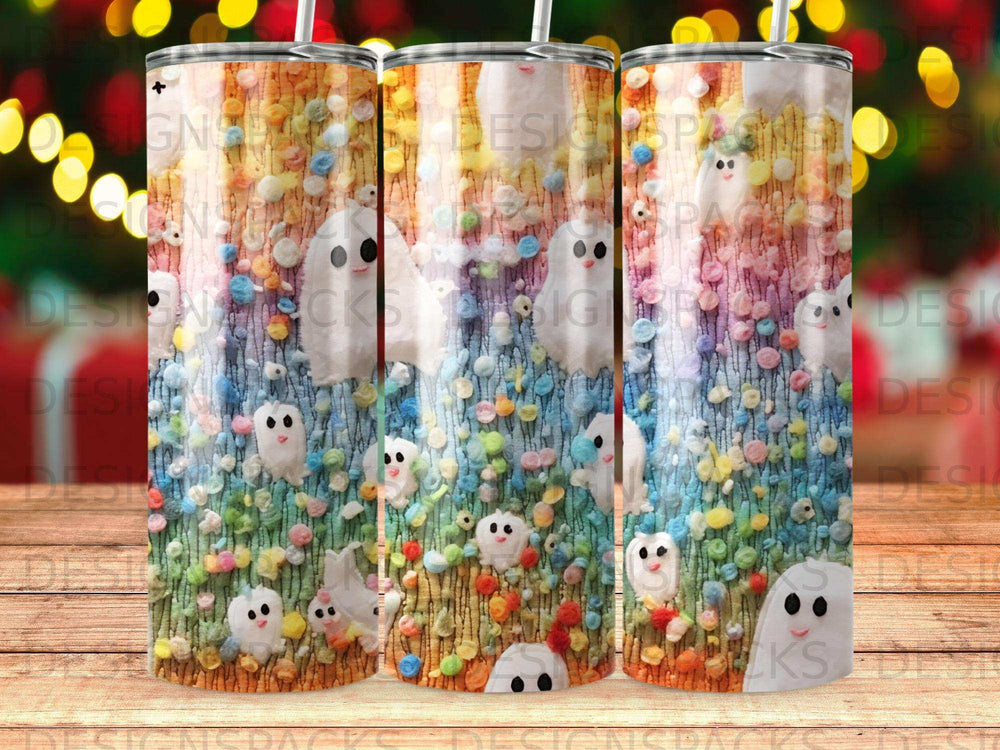 Three tumblers with a pattern of cute ghosts among colorful, textured, abstract shapes.