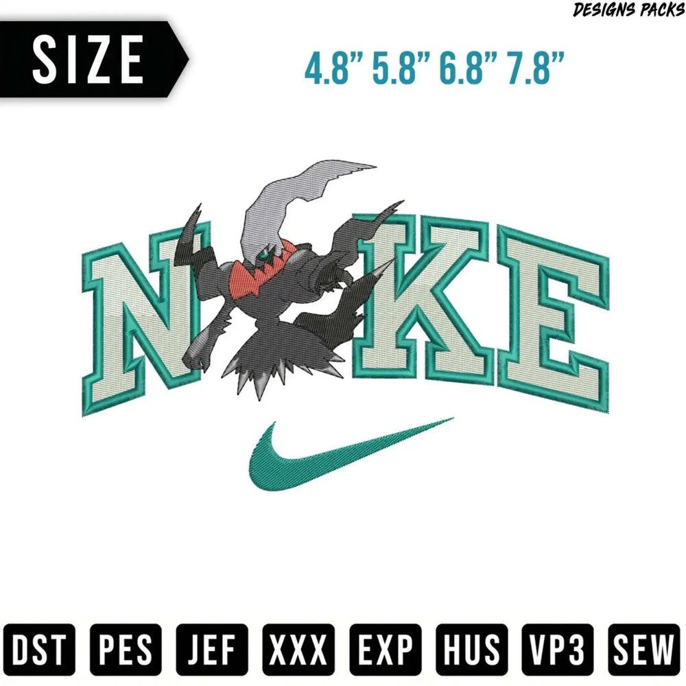 Nike logo with dragon design, available in four sizes and embroidery formats.