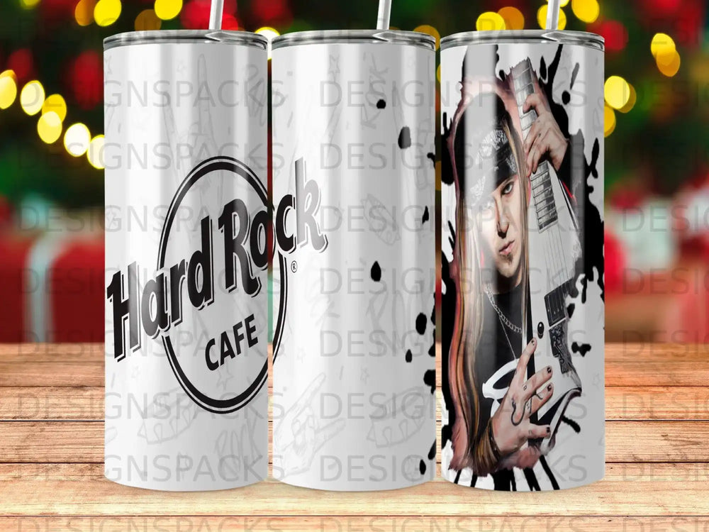 Hard Rock Cafe tumbler with man playing guitar, black bandana.