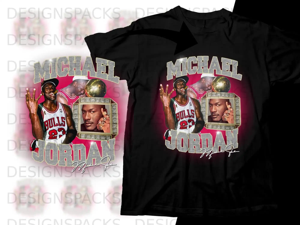 Black t-shirt featuring Michael Jordan in Bulls uniform, hands on hips, diamond ring.