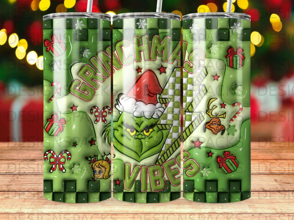 Green Grinch Christmas vibes tumbler with Santa hat and candy canes.