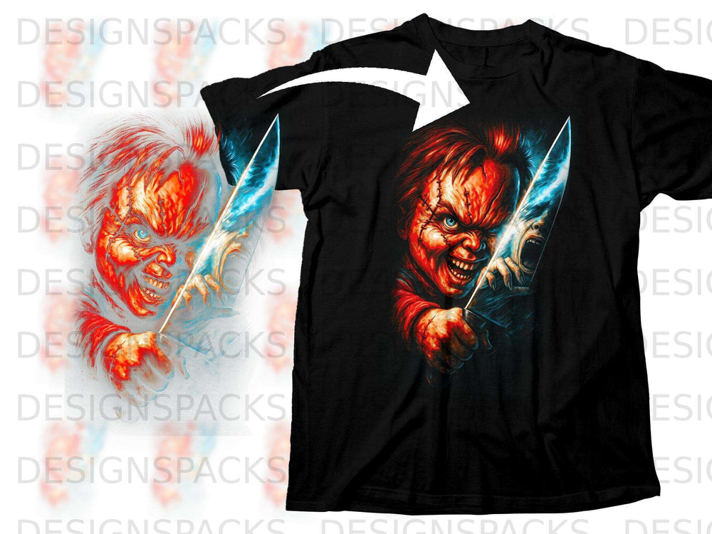Black t-shirt with Chucky from Child's Play holding a bloody knife.