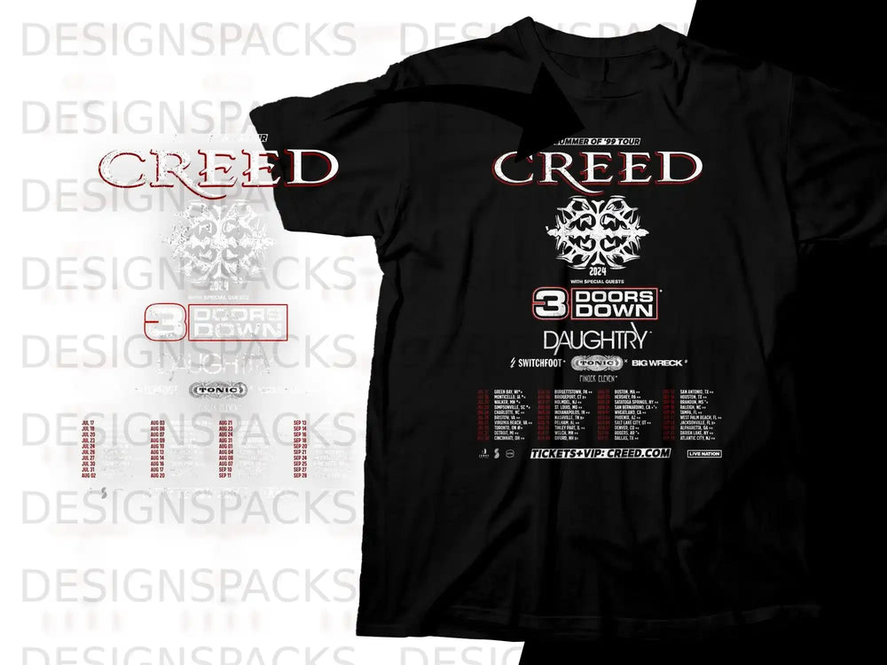 Creed 3 Doors Down Daughtry 2024 Summer Tour T-shirt with dates and locations.