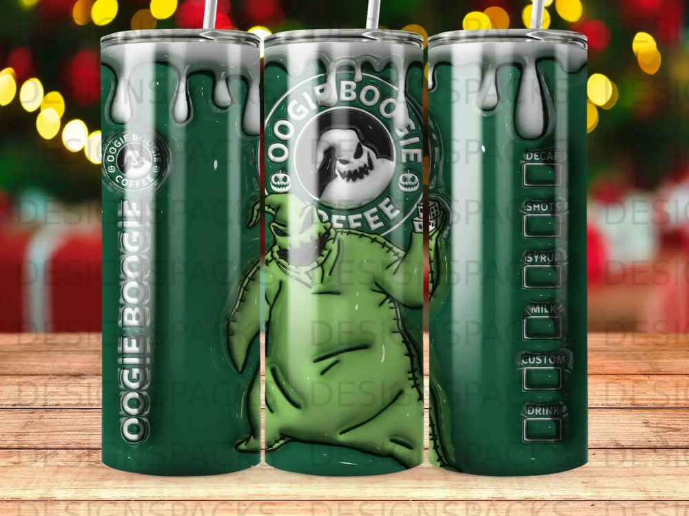 Oogie Boogie character design on a green tumbler with coffee menu labels.