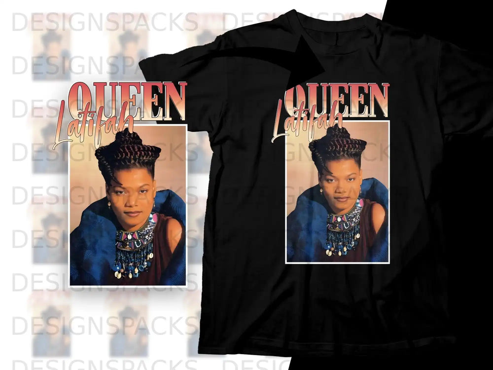 Black t-shirt with "Queen Latifah" and portrait print.