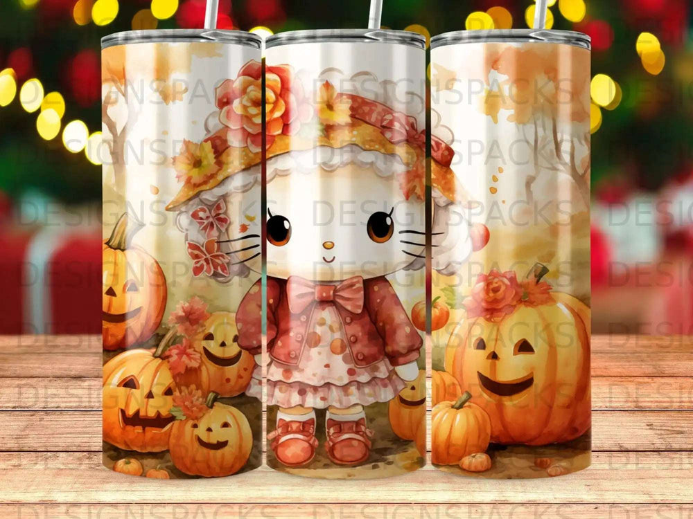 Cute cartoon cat wearing a dress with pumpkins, seamless pattern.