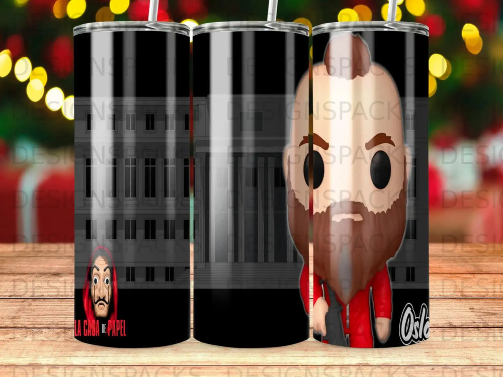 La Casa de Papel character tumbler with building background.