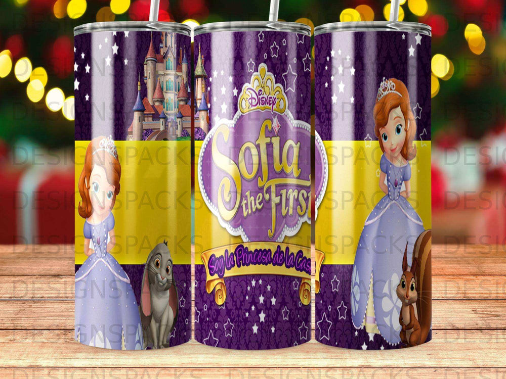 Sofia the First tumbler with castle, Sofia, and animal characters.