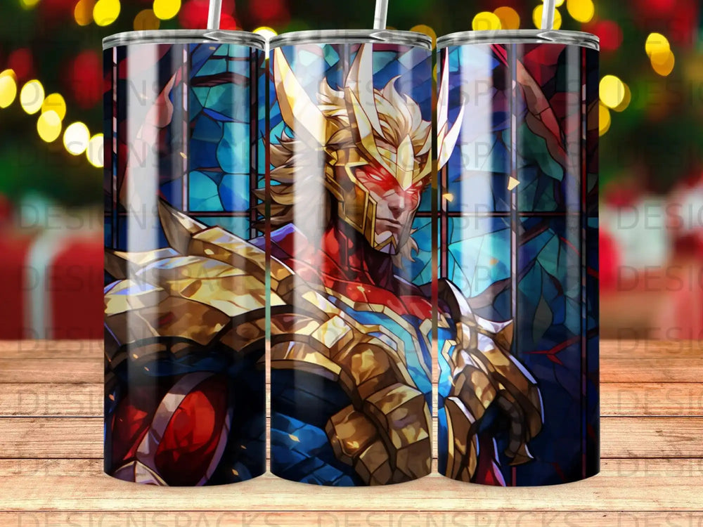 Comic book character with gold armor and red eyes against stained glass.