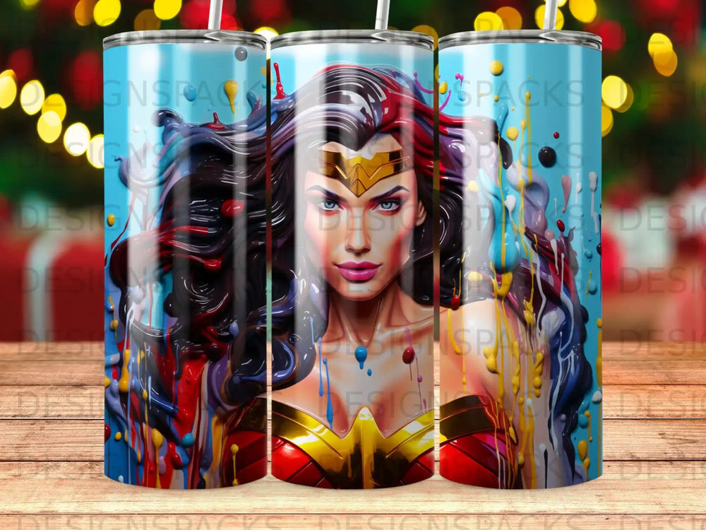 Wonder Woman in colorful paint splatter design on a tumbler.
